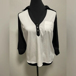 Vintage Y2K 90s 2b bebe color block collared blouse w roll tab sleeves XS